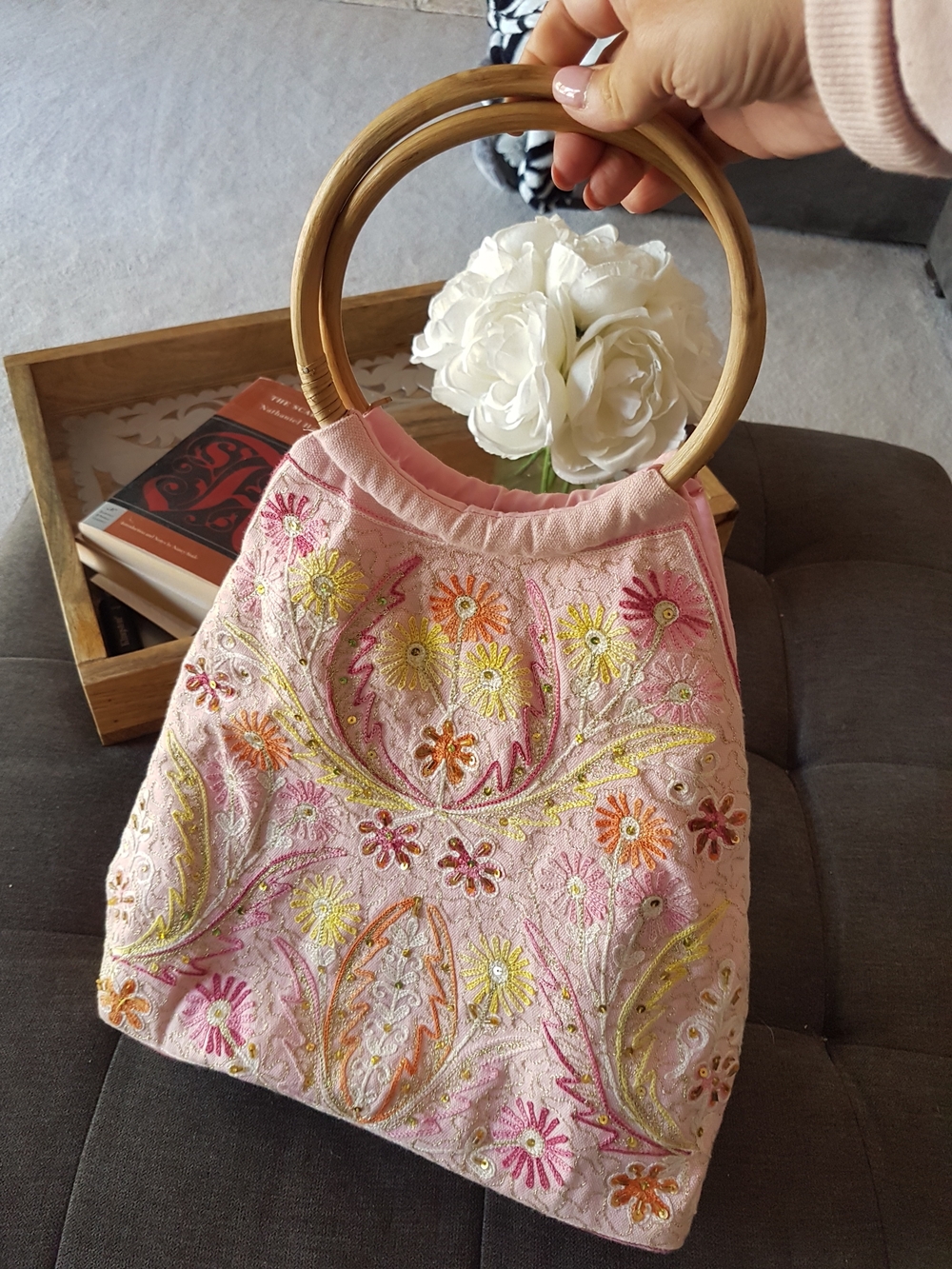 Embroidered Pink Floral Hobo Tote Handbag with Bamboo Handles From Europe
